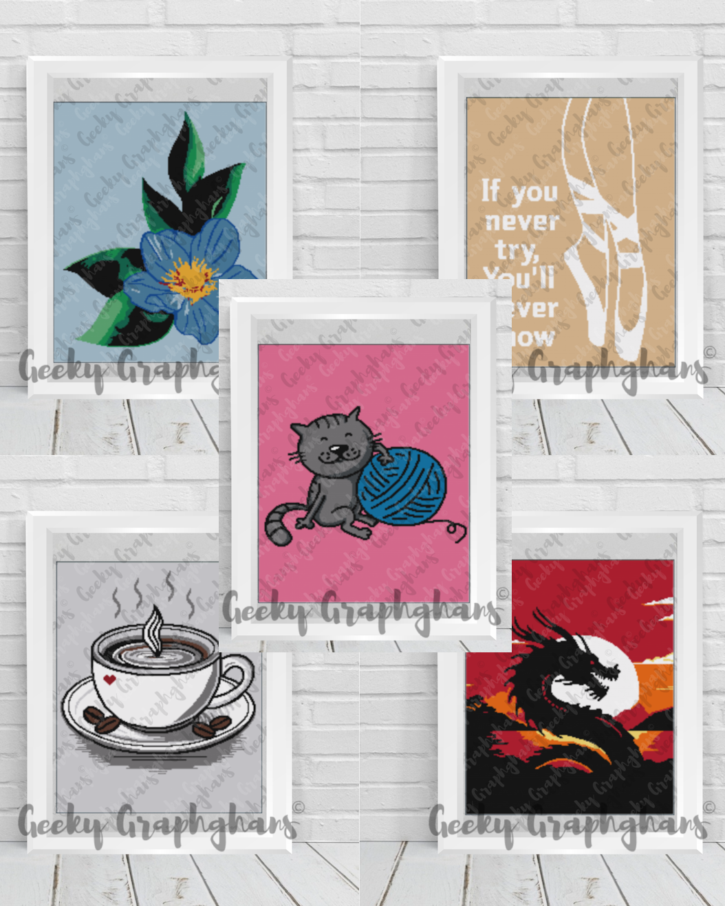 A collection of five different crochet graphghan patterns displayed in frames, featuring various designs including a kitty, flowers, a mug with marbles, and a dragon.