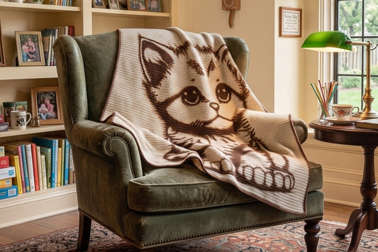 A cozy living room scene with a green armchair draped in a cream knit throw blanket featuring a large cartoon cat face and paw print. Bookshelves, a window, a green desk lamp, and a patterned rug are visible. Cutest Kitty Crochet Graphghan Blanket pattern by Geeky Graphghans