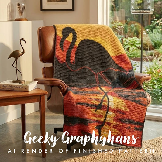 Flamingo Crochet Graphghan on chair. Design by Geeky Graphghans