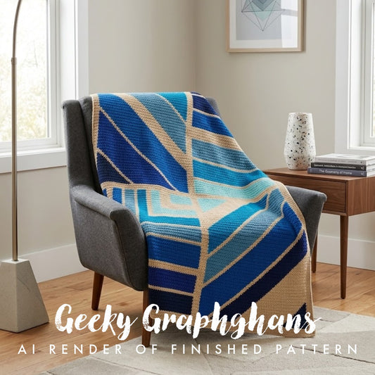 A blue and beige geometric patterned knit throw blanket is draped over a gray armchair in a bright, modern living room setting. Text overlay at the bottom reads 'Geeky Graphghans AI RENDER OF FINISHED PATTERN'.