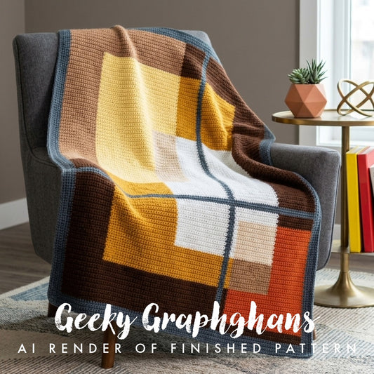 A crocheted throw blanket with a geometric patchwork design in mustard yellow, brown, white, orange, and blue-gray is draped over a gray armchair in a styled room setting. Text overlay at the bottom reads 'Geeky Graphghans AI RENDER OF FINISHED PATTERN'.