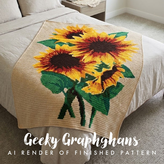 A crocheted or knitted sunflower pattern displayed on a bed in a bedroom setting, with text overlay reading 'Geeky Graphghans AI RENDER OF FINISHED PATTERN'. Sunflowers Crochet Graphghan Pattern