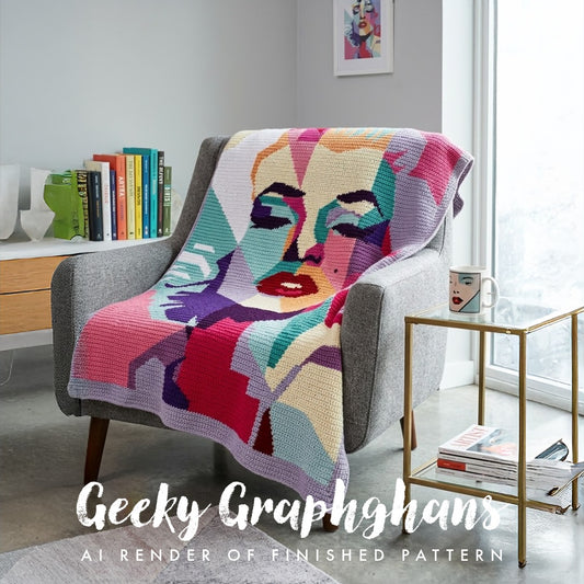 A colorful crocheted throw blanket featuring a stylized geometric face design draped over a gray armchair in a modern living room setting. The blanket has a patchwork pattern of pink, purple, teal, yellow, and cream. Marilyn Monroe. AI render of finished pattern