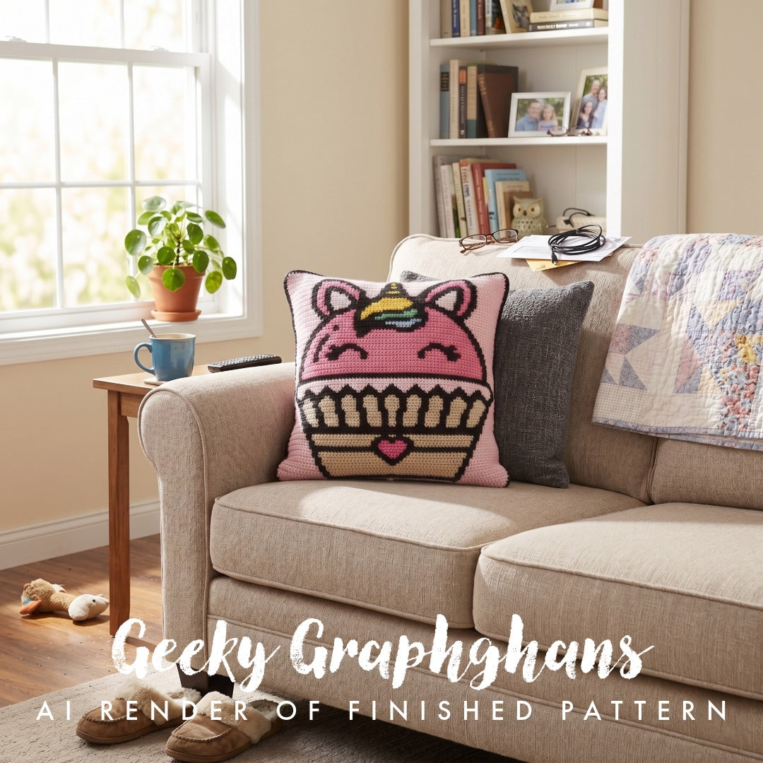 Sofa with a knitted pillow featuring a unicorn design in a cozy living room.