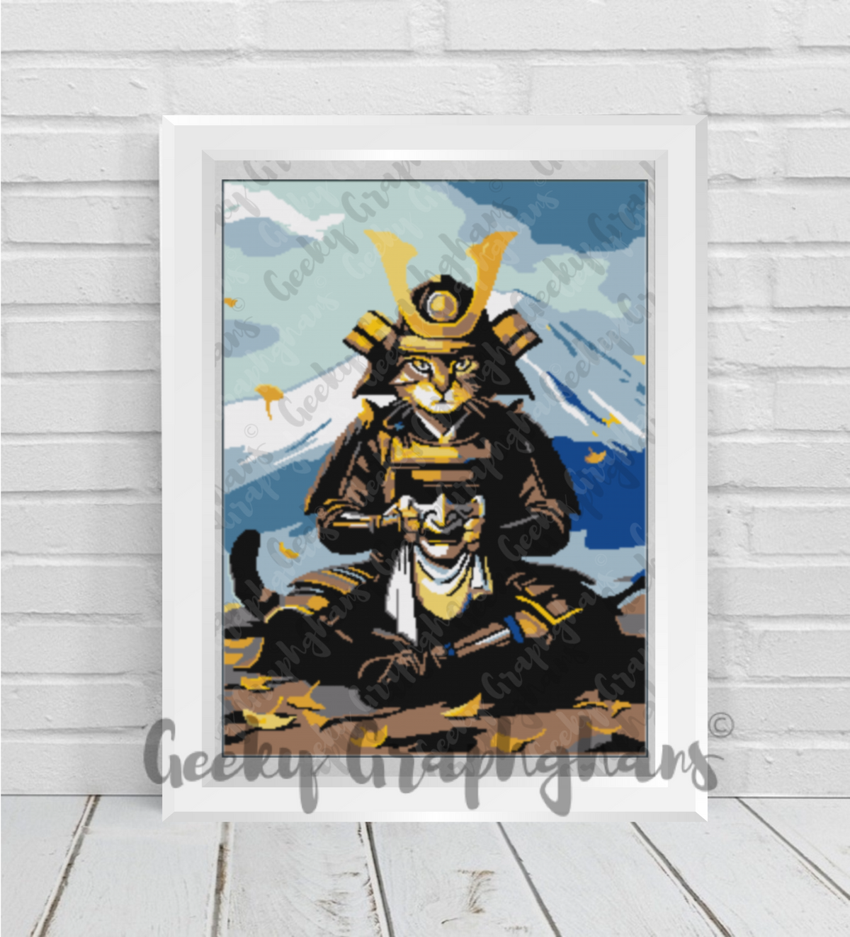 ghost of yotei samurai cat crochet graphghan pattern. Framed artwork of a cat in samurai armor with Mount Fuji in the background on a wooden floor.