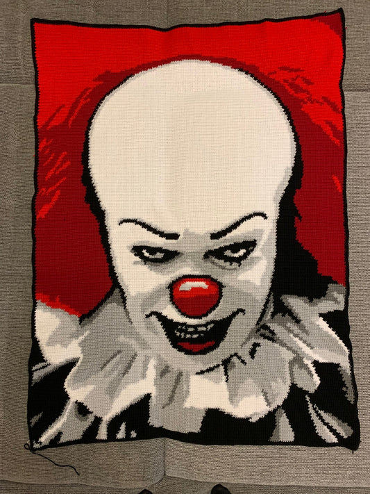 Crochet pattern , featuring an illustration of Pennywise the Dancing Clown from the horror novel 'It' by Stephen King.