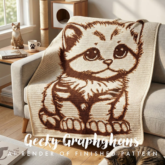 Crocheted blanket with cat design draped over a couch in a cozy living room.