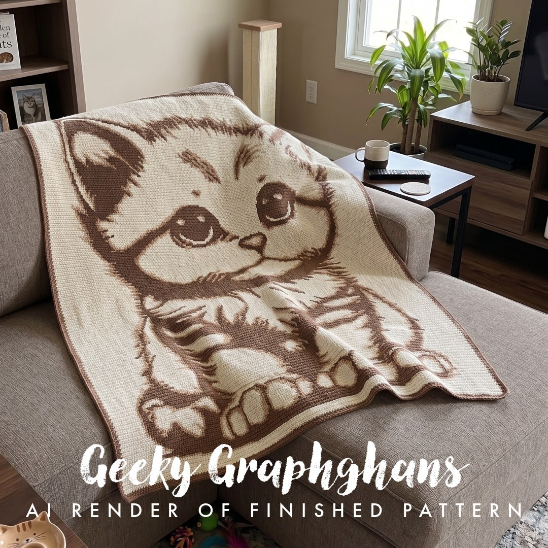 A cozy living room scene with a knitted throw blanket draped over a gray sofa. The blanket features a large cartoon-style kitten design in dark brown on an off-white background. Cutest Kitty Crochet Graphghan Blanket pattern by Geeky Graphghans