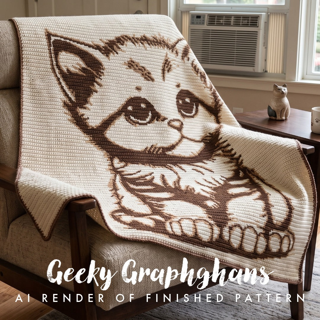 A crocheted or knitted throw blanket draped over an armchair in a living room, featuring a large cartoon kitten design in dark brown on a cream background. Text at the bottom reads 'Geeky Graphghans AI RENDER OF FINISHED PATTERN'. Cutest Kitty Crochet Graphghan Blanket pattern by Geeky Graphghans