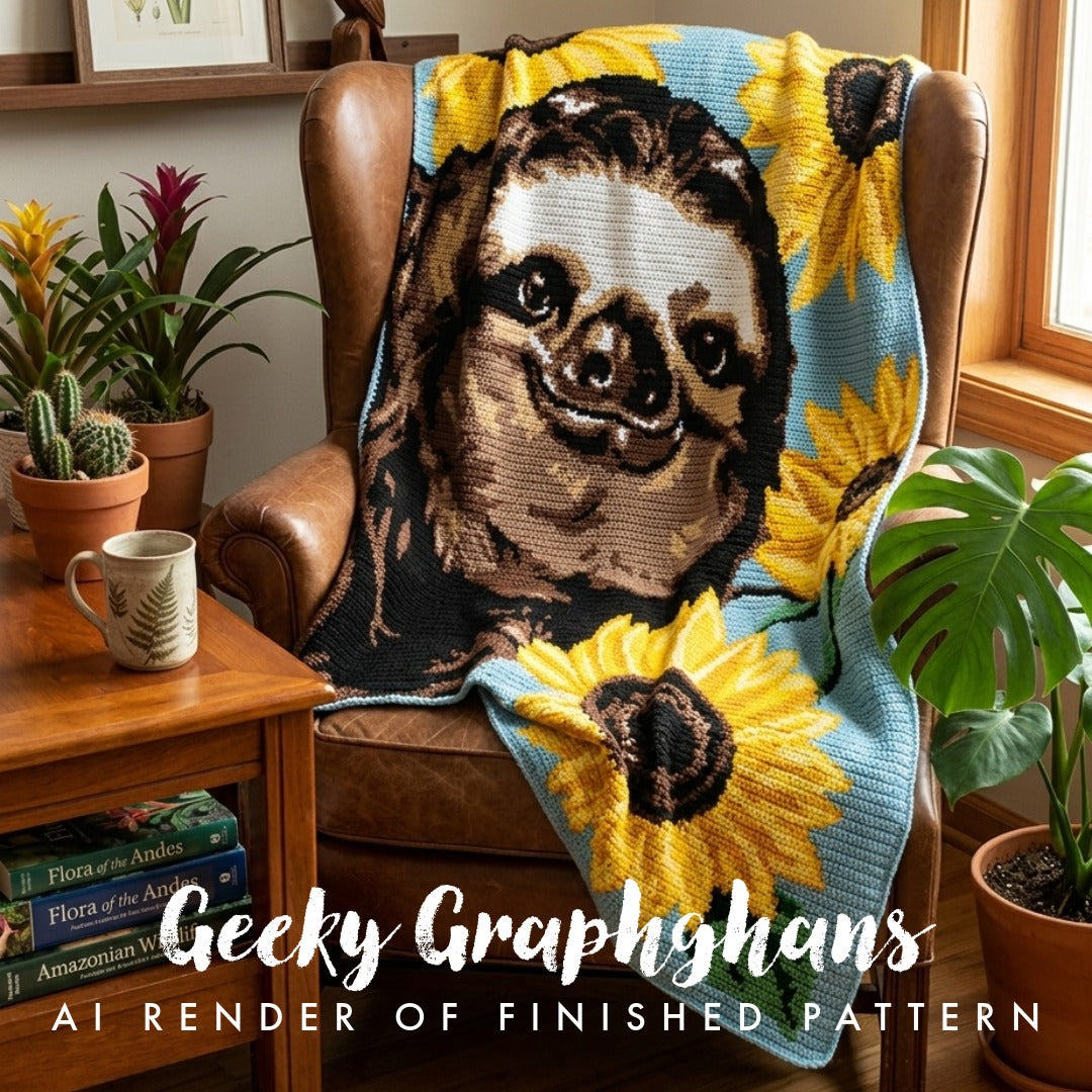 A crocheted throw blanket draped over a brown leather armchair in a cozy room. The blanket features a large sloth face surrounded by bright yellow sunflowers on a light blue background.
Sloth in Sunflowers crochet graphghan pattern by Geeky Graphghans