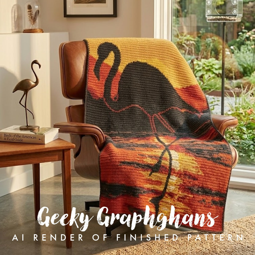 Flamingo Crochet Graphghan on chair. Design by Geeky Graphghans
