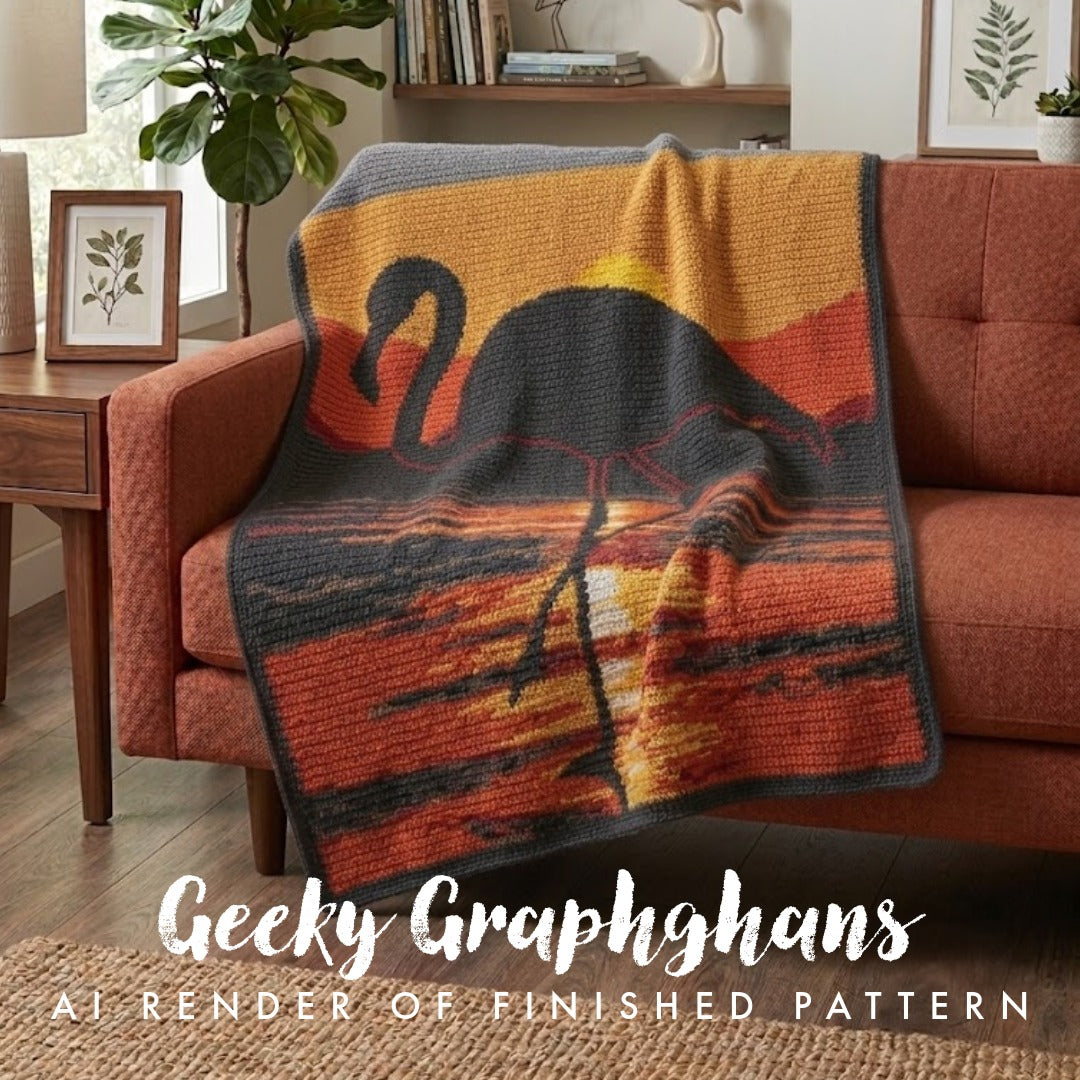 Flamingo Crochet Graphghan on sofa. Design by Geeky Graphghans