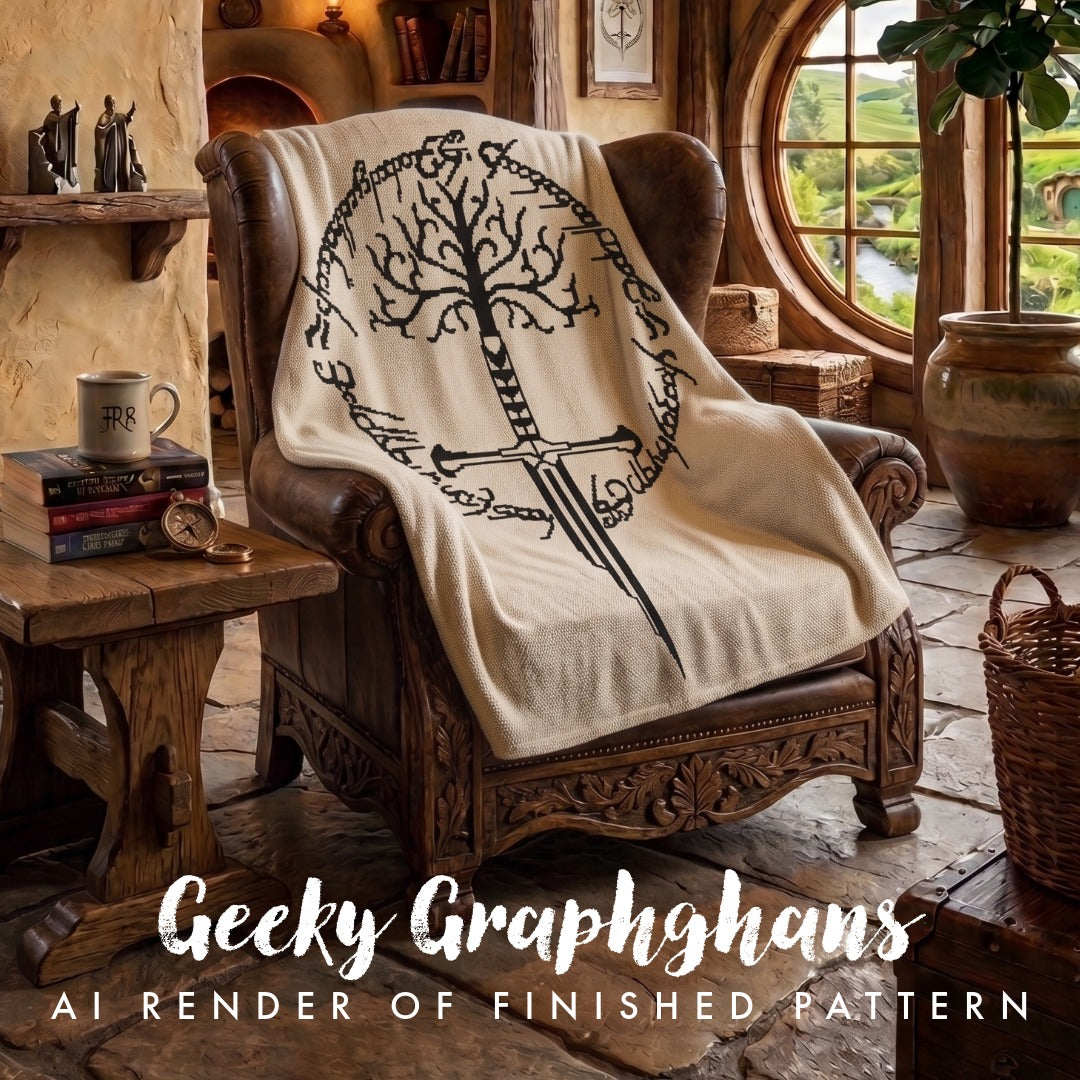 A cream-colored throw blanket draped over a carved brown leather armchair in a rustic interior room. The blanket features a black graphic design of a tree with a sword through it . Narsil Graphghan Pattern by Geeky Graphghans