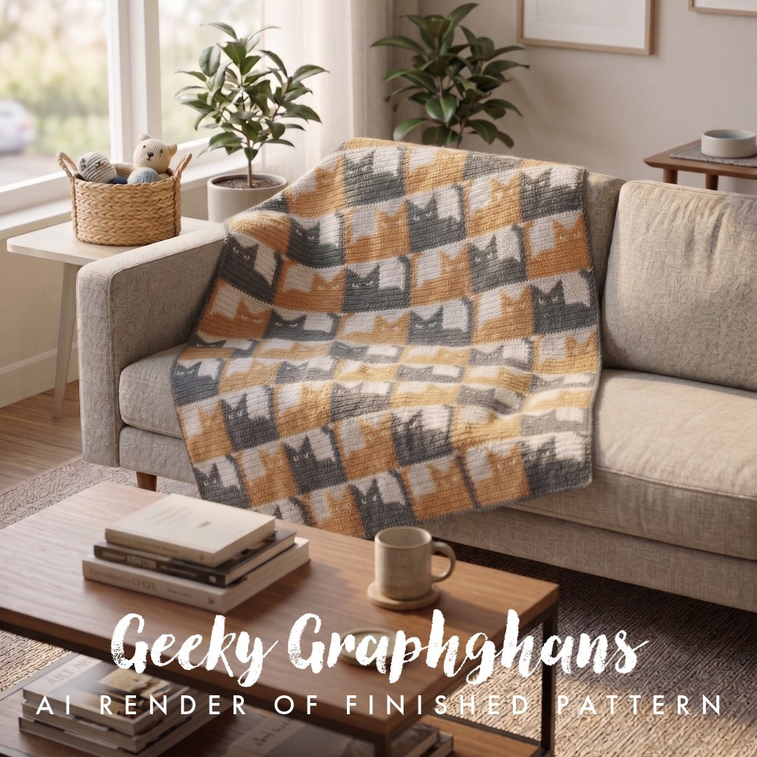 Sofa with a cat-patterned blanket in a cozy living room setting.