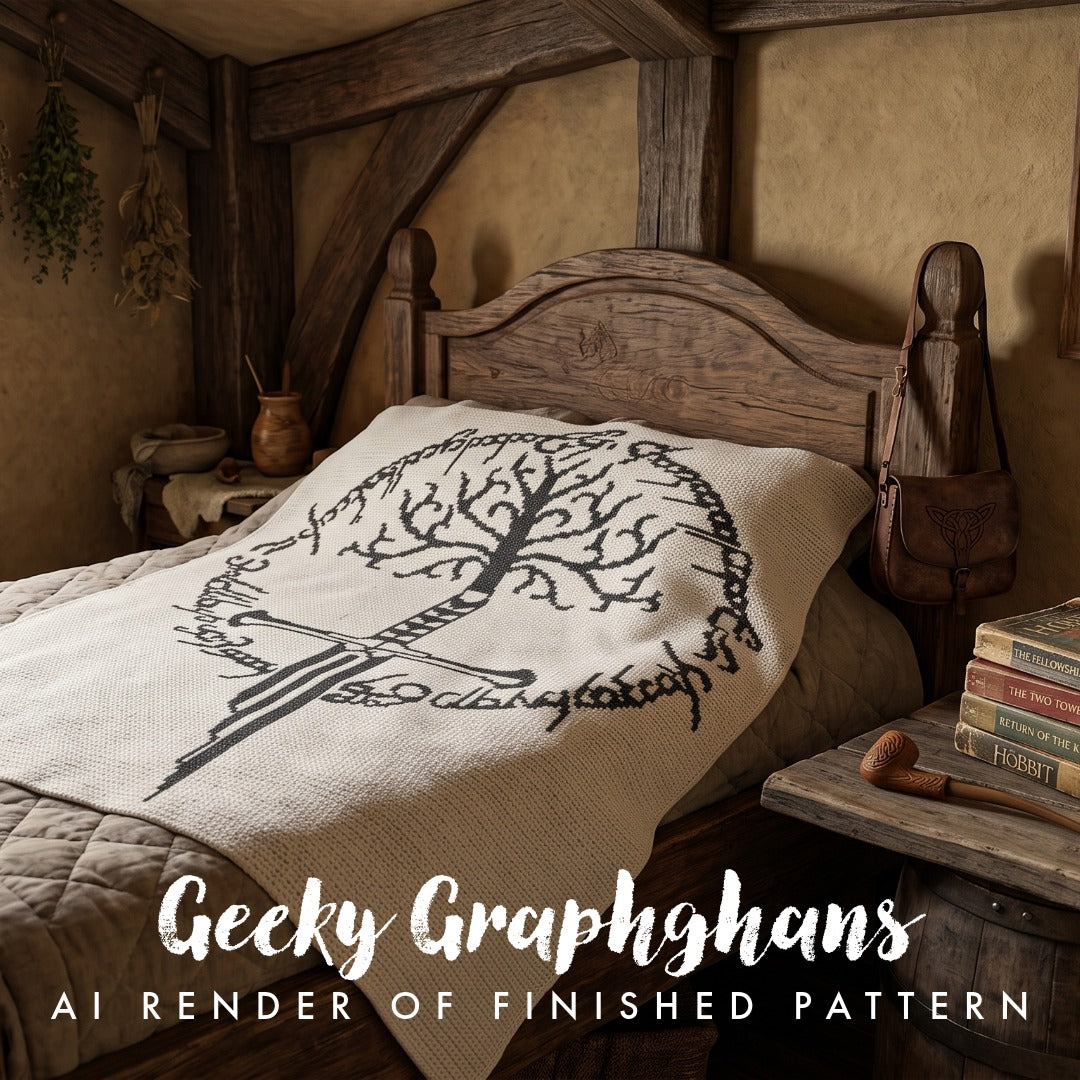 A cozy bedroom scene showing a bed with a cream-colored blanket featuring a black tree and circular script design. The room has rustic wooden beams, a wooden headboard, and a bedside table with books and a leather bag. Narsil Graphghan Pattern by Geeky Graphghans