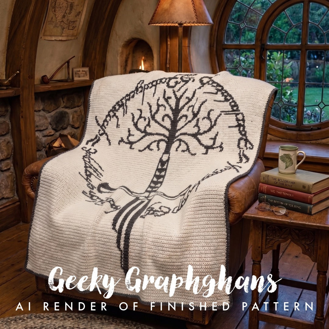 A cozy room scene with a large knitted throw blanket draped over a brown armchair. The blanket is off-white with a large black tree design and the text 'Geeky Graphghans' across the lower portion. Narsil Graphghan Pattern by Geeky Graphghans