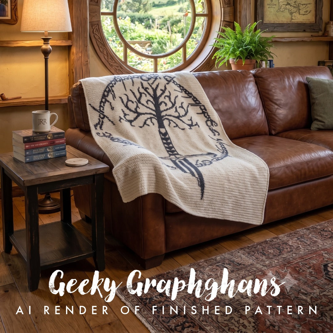 A cozy living room scene with a brown leather sofa draped with a cream knit throw blanket featuring a black stylized tree design. A side table with books and a mug sits beside the sofa, and a large round window and lamp are visible in the background. Narsil Graphghan Pattern by Geeky Graphghans
