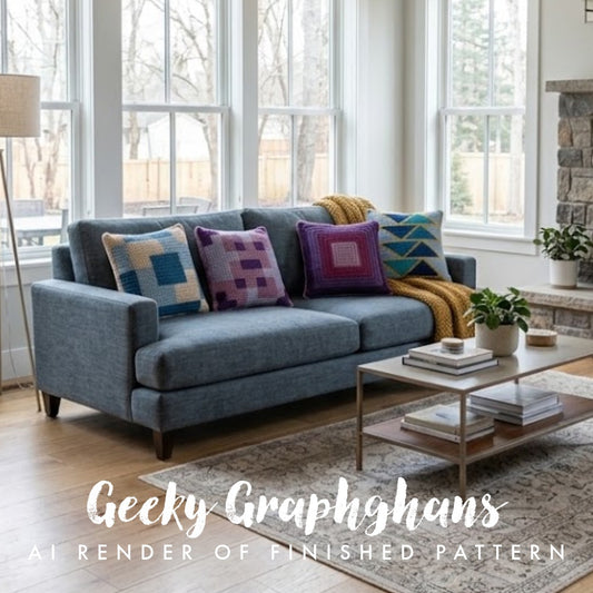 A staged living room scene showing a blue upholstered sofa with several colorful patterned throw pillows and a yellow knit blanket, alongside a coffee table and large windows. White text at the bottom reads 'Geeky Graphghans' and 'AI RENDER OF FINISHED PATTERN'.