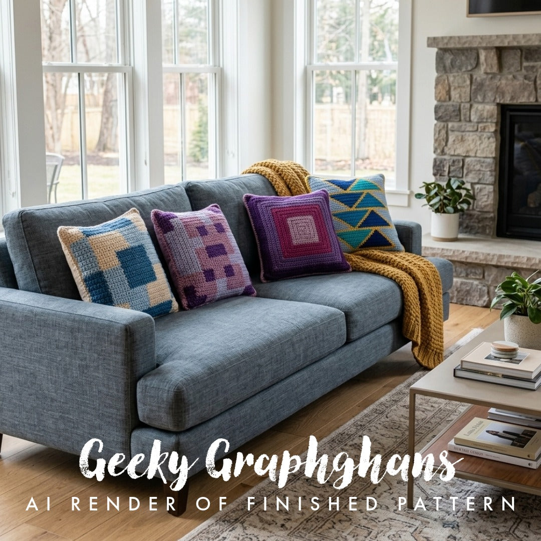 A gray fabric sofa in a bright living room styled with four colorful crocheted throw pillows and a yellow knit blanket. Large windows, a stone fireplace, and a coffee table are visible.