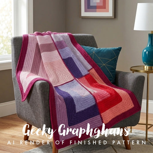 A crocheted throw blanket with large geometric patchwork blocks in pink, purple, red, and peach draped over a gray armchair in a styled living room. A teal pillow and a side table with a blue lamp are visible, and the text 'Geeky Graphghans AI RENDER OF FINISHED PATTERN' appears at the bottom.
