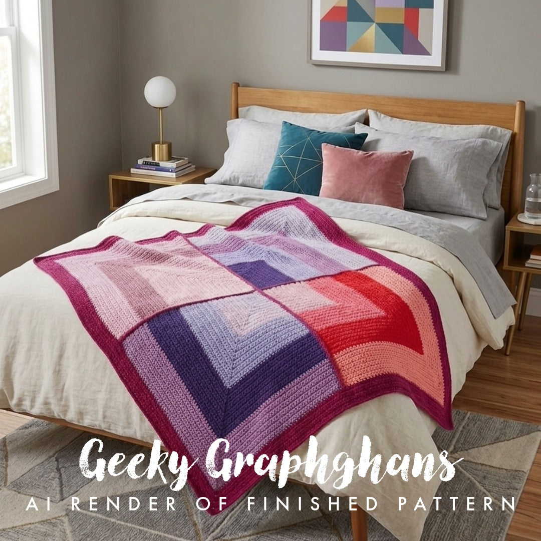 A styled bedroom scene showing a bed with a crocheted or knitted chevron-patterned throw blanket draped across it. The blanket features alternating color blocks in pink, purple, and red.