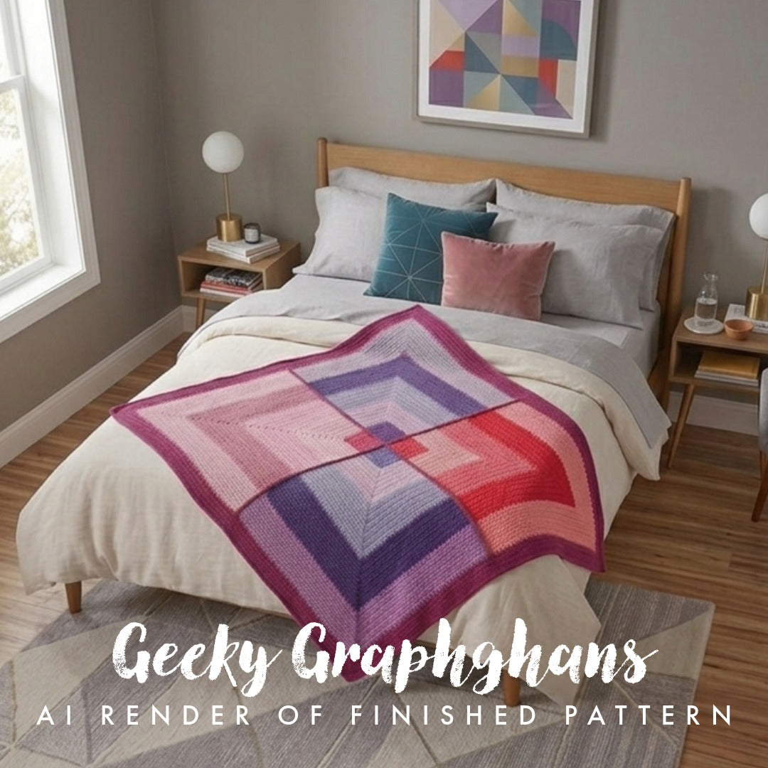 A styled bedroom scene showing a bed with a colorful crocheted or knitted geometric throw blanket draped across it. The blanket has a diamond pattern in shades of pink, red, purple, and blue.