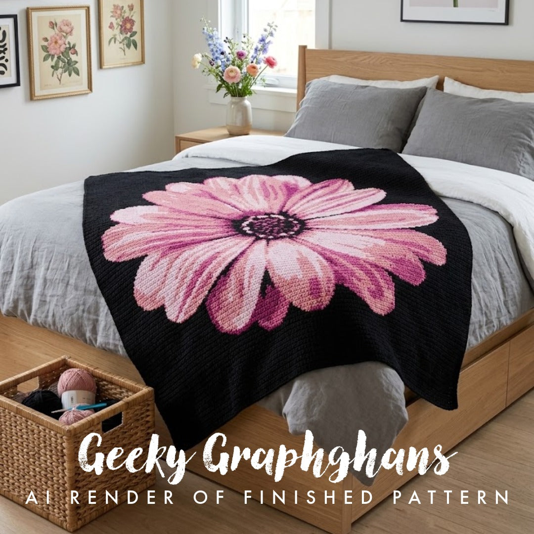 A cozy bedroom scene showing a black knit blanket with a large pink flower design draped over a bed with gray bedding. The image includes text overlays reading 'Geeky Graphghans' and 'AI RENDER OF FINISHED PATTERN'. Pink Begonia Crochet Graphghan Pattern