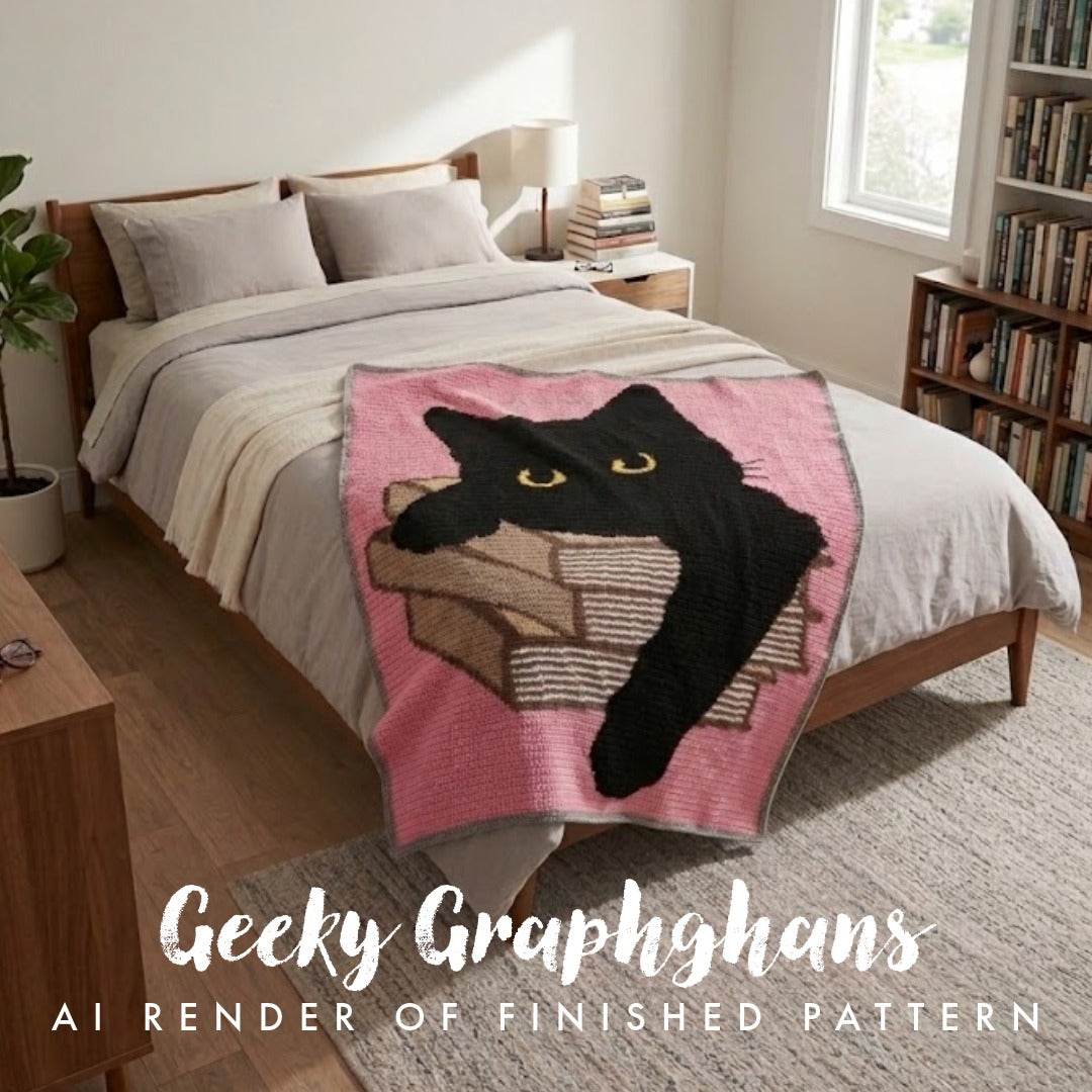 A styled bedroom scene showing a bed with gray bedding and a pink throw blanket featuring a black cat curled up on a stack of books. A large text overlay at the bottom reads 'Geeky Graphghans AI RENDER OF FINISHED PATTERN'.
Book Cat Crochet Graphghan Pattern