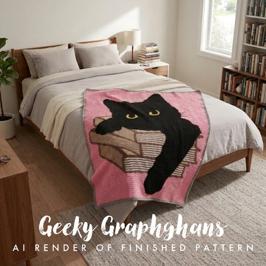 A styled bedroom scene showing a bed with gray bedding and a pink throw blanket featuring a black cat curled up on a stack of books. A large text overlay at the bottom reads 'Geeky Graphghans AI RENDER OF FINISHED PATTERN'.
Book Cat Crochet Graphghan Pattern