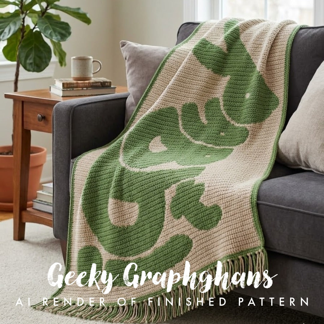 Green and beige crocheted blanket with leaf pattern draped over a gray sofa in a living room.