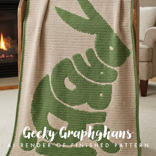 Crocheted blanket with green bunny design draped over a chair in a cozy room.