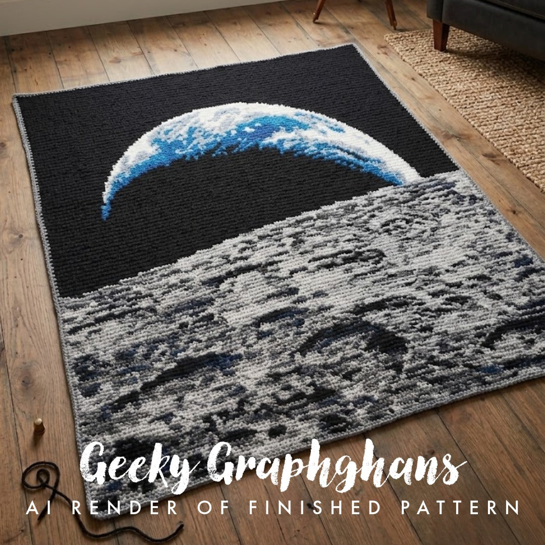 Crochet graphghan pattern of the iconic Earthset photo from the Artemis II mission 2026. Design by Geeky Graphghans