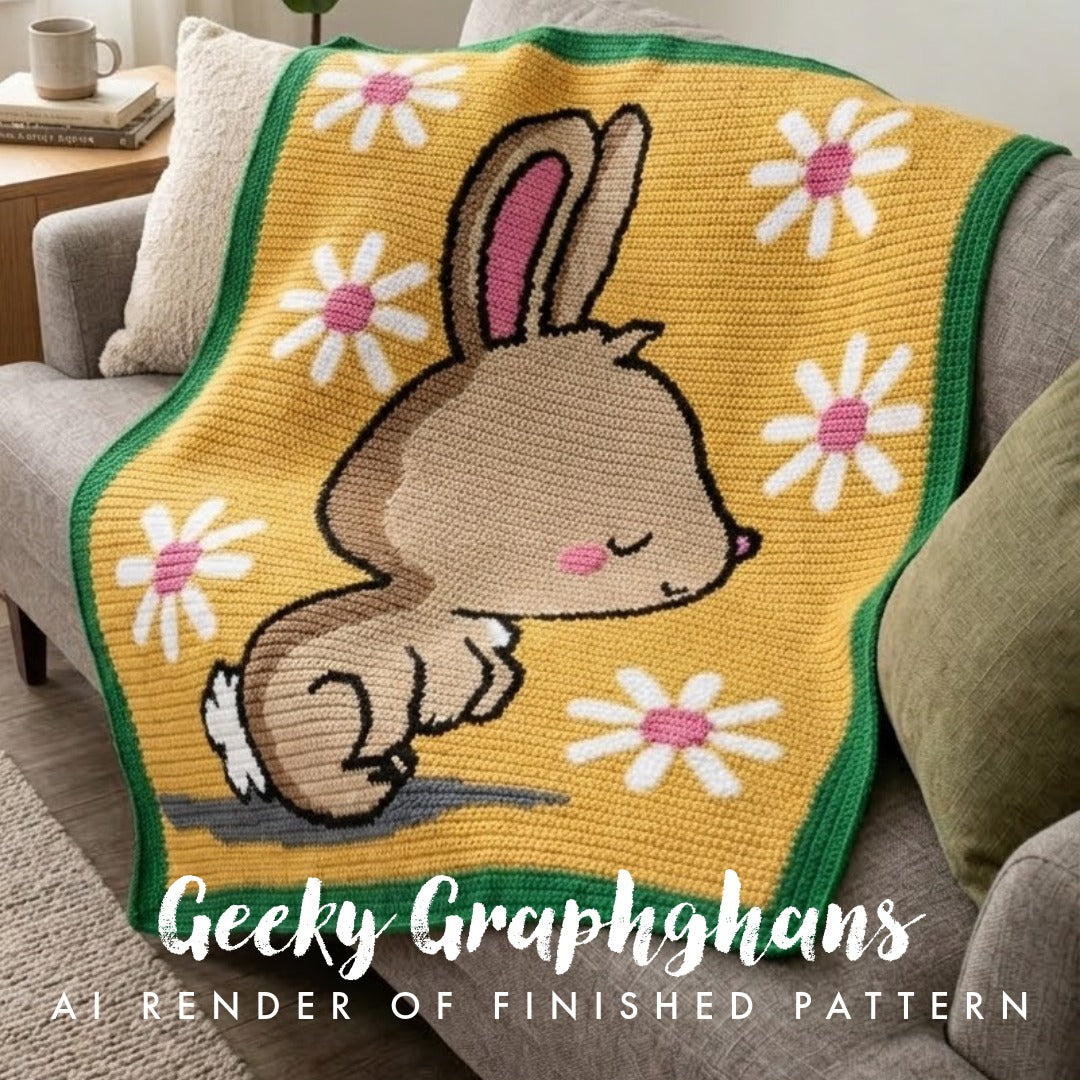 Crocheted blanket with a bunny and flower pattern on a couch, featuring 'Geeky Graphghans' branding.
