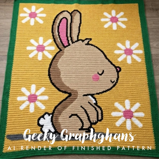 Crocheted blanket with a bunny design and flowers on a yellow background, featuring 'Geeky Graphhans' branding.