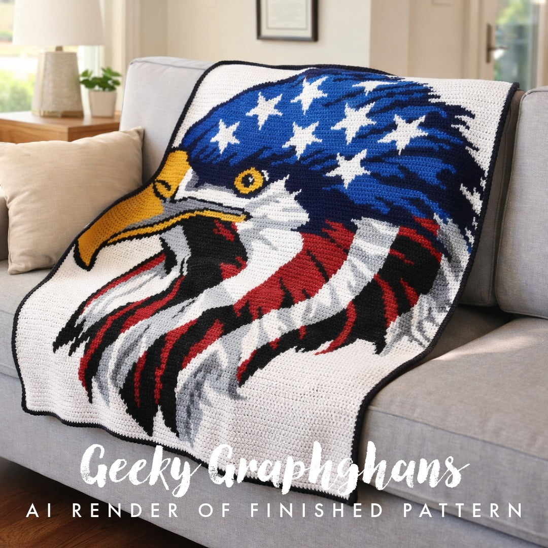 Crocheted blanket with eagle design on a couch, featuring the brand 'Geeky Graphghans'. Design By Geeky Graphghans