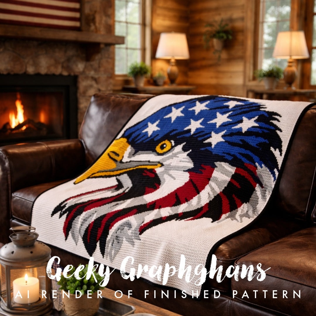 Decorative blanket with eagle design on a couch in a cozy living room. Design By Geeky Graphghans