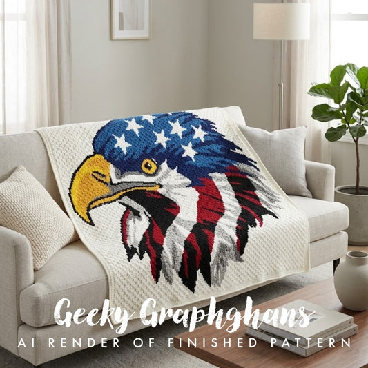 Eagle-themed blanket with American flag design on a couch in a living room. Design By Geeky Graphghans