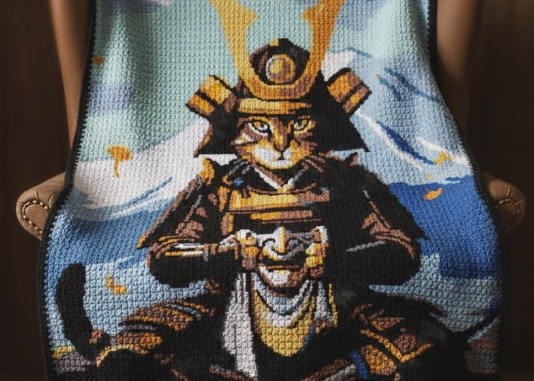 crochet samurai cat designl with 'Geeky Graphghans' branding.