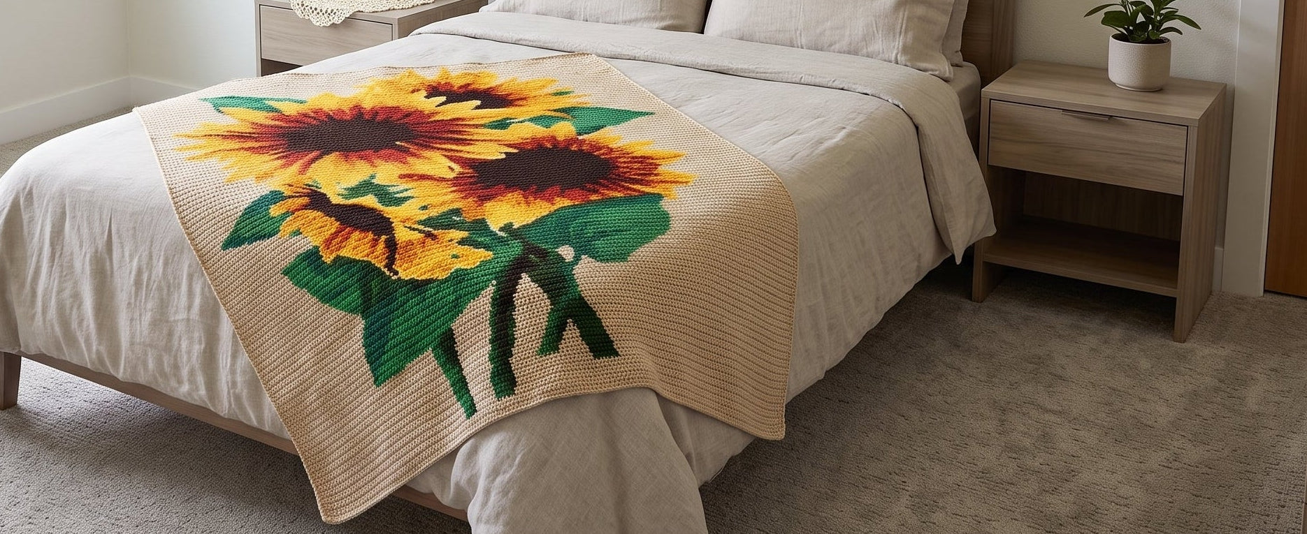 A beige knit blanket featuring a large sunflower design is draped over a bed in a bright, modern bedroom.