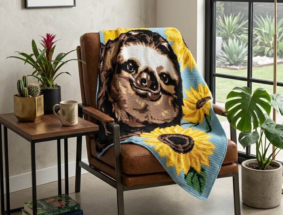 A crocheted throw blanket featuring a sloth face and yellow sunflowers, draped over a brown leather armchair in a styled living room setting.