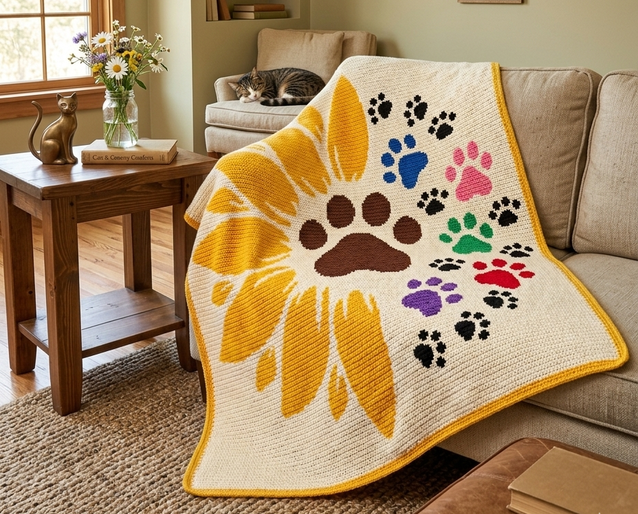 A knitted pet blanket draped over a beige sofa in a living room setting. The blanket features a large yellow sunflower design with a brown paw print in the center, surrounded by colorful embroidered paw prints in black, blue, pink, green, red, and purple.