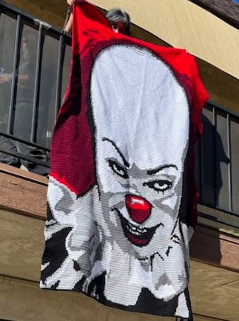 Crochet pattern, featuring an illustration of Pennywise the Dancing Clown from the horror novel 'It' by Stephen King.