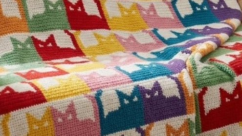 Colorful cat-patterned blanket draped over a beige sofa in a living room setting. Rainbow Kindow Of Cats Crochet Graphghan Pattern