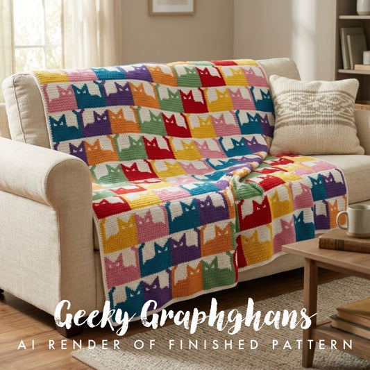 Colorful cat-patterned blanket draped over a beige sofa in a living room setting. Rainbow Kindow Of Cats Crochet Graphghan Pattern