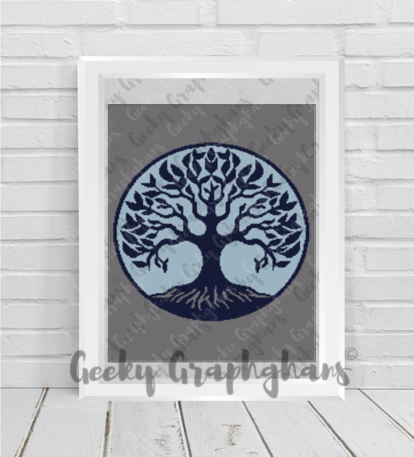 Yggdrasil , Tree Of Life, World Tree rochet Graphghan Pattern. Framed artwork of a blue tree design on a gray background, with 'Geeky Graphhans' branding.