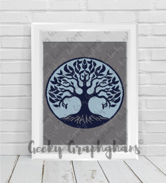 Yggdrasil , Tree Of Life, World Tree rochet Graphghan Pattern. Framed artwork of a blue tree design on a gray background, with 'Geeky Graphhans' branding.