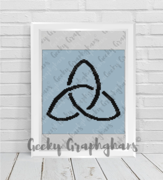 Framed artwork with a black knot design on a light blue background, branded 'Geeky Graphhams'. Crochet pillow pattern - Trinity Knot