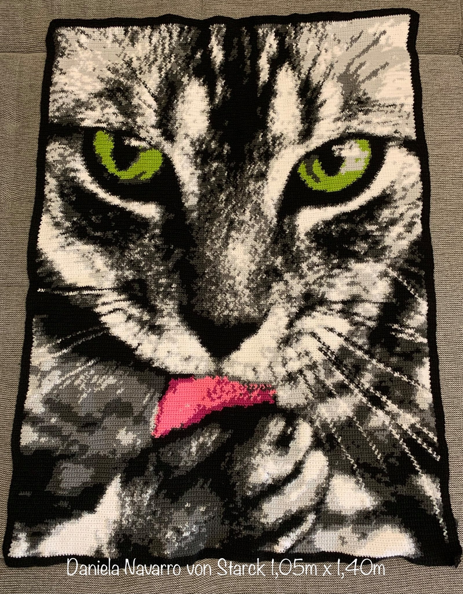 Cat-themed blanket with a close-up of a cat's face and green eyes on a wooden surface.