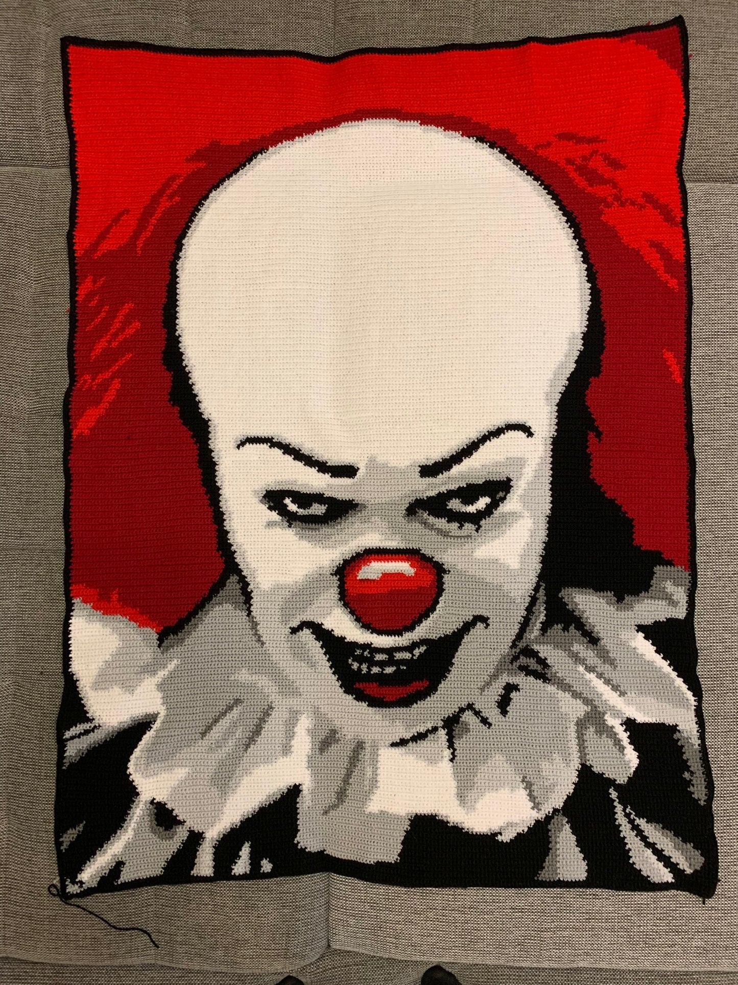 Crochet pattern , featuring an illustration of Pennywise the Dancing Clown from the horror novel 'It' by Stephen King.