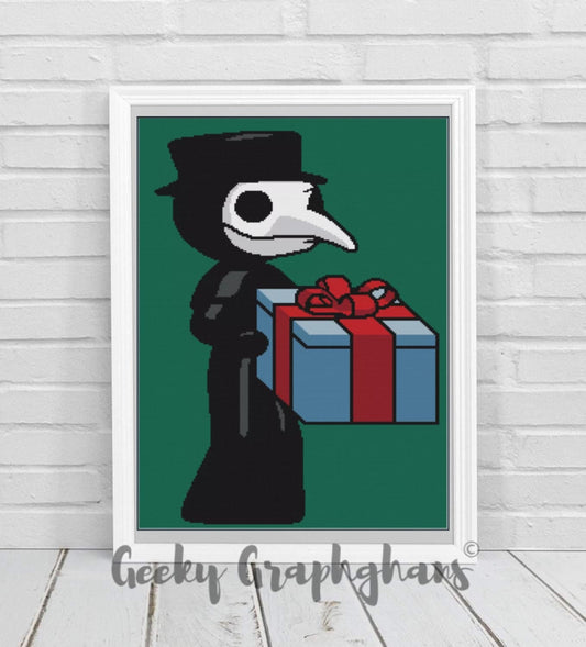 A crochet graphghan pattern depicting a stylized character holding a present, displayed as a digital print.